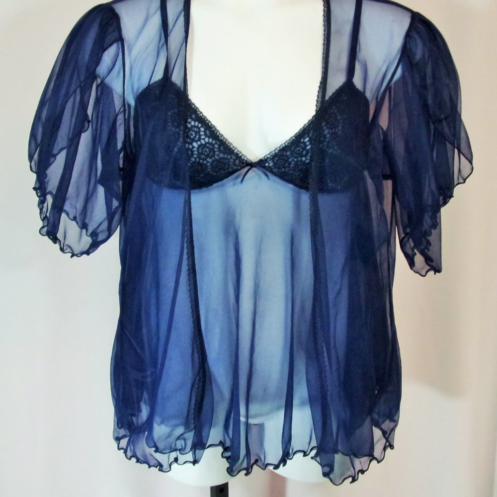 Mayela Navy Blue Sexy Sexy See Thru Short Robe Nightgown Set Size M NWOT
